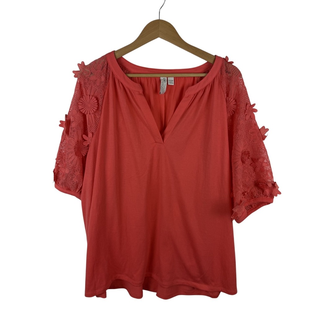 Cato Coral Lace 3D Flower Sleeve Blouse Size 22/24W Stretch Boho Comfy Feminine